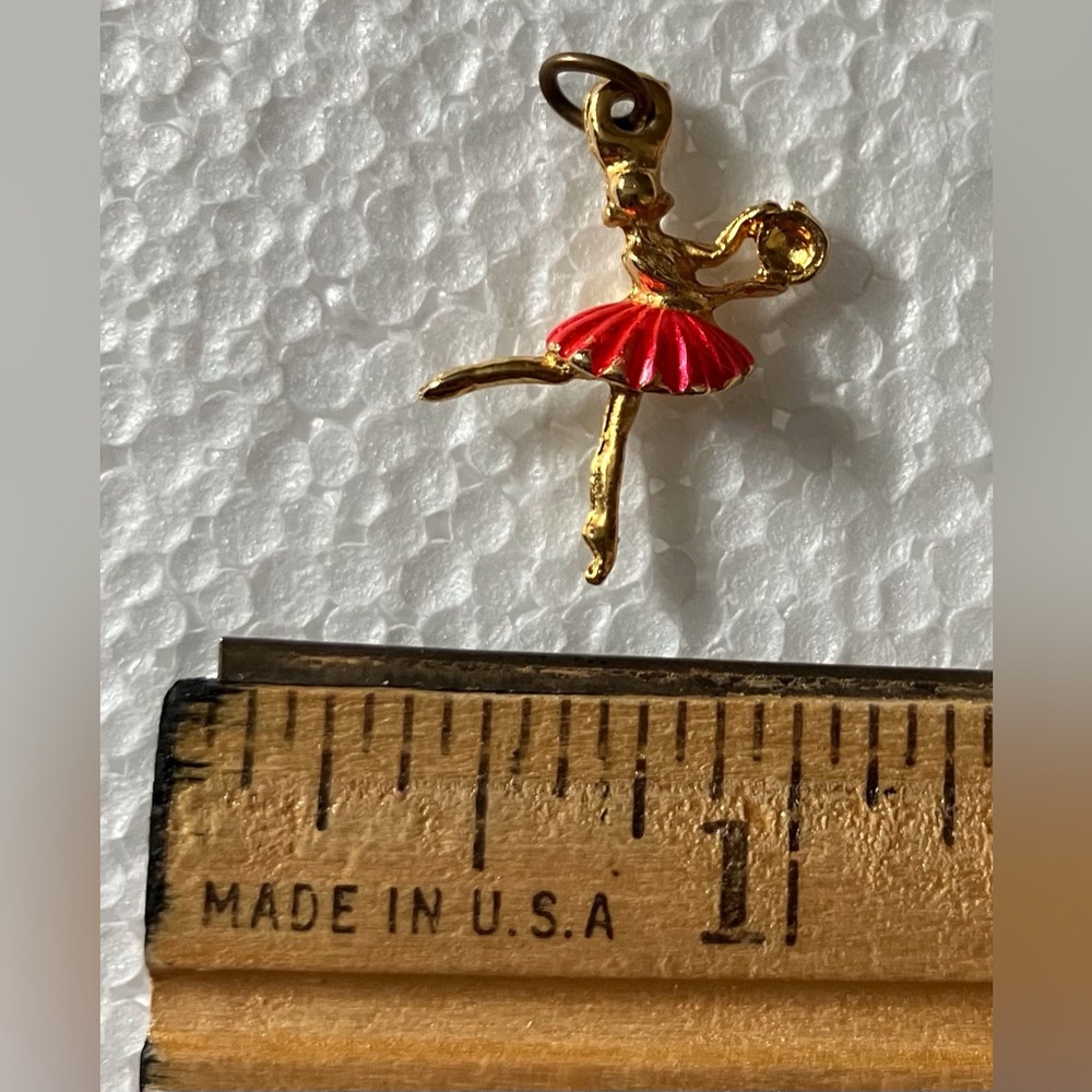 Vintage Gold Colored Ballerina Pendant Charm Dark Pink Tutu